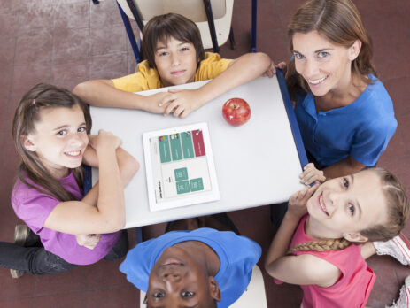 A top from above of a teacher and children with the Playground app displayed on an iPad.