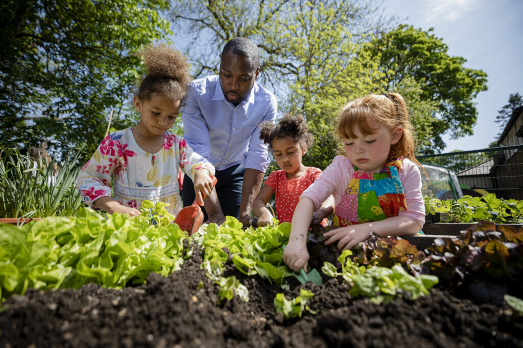 A man supervising three children gardening outdoors