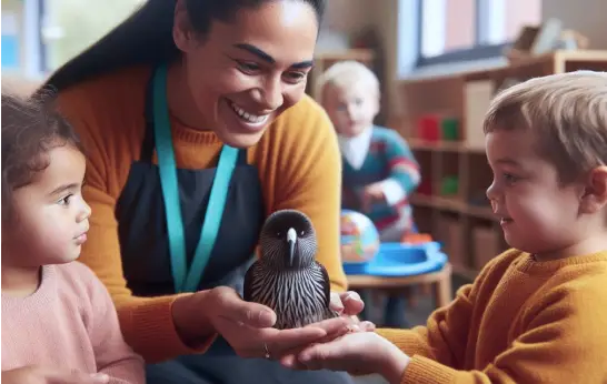 Two children smile as a smiling teacher shares a bird with them in her cupped hands